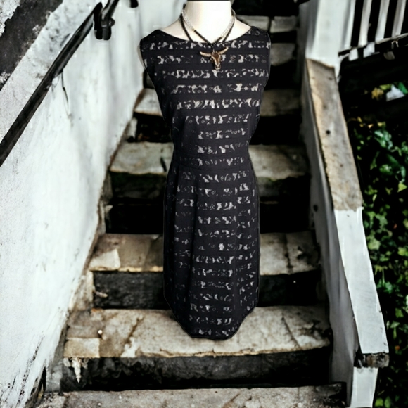 Cynthia Rowley Lace Print Knit Dress Office Dark Academia Pockets Sheath Sz 14 - Picture 11 of 14